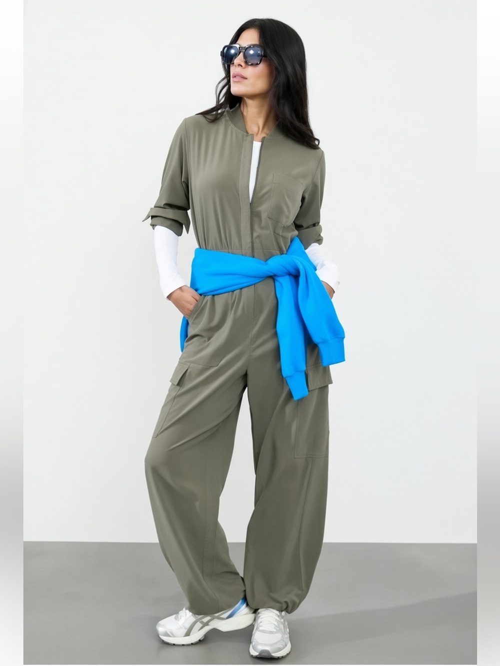 Athleta 8 Tall Brooklyn Long Sleeve Jumpsuit Moss Green Straight Leg Cargo 8T 8L
